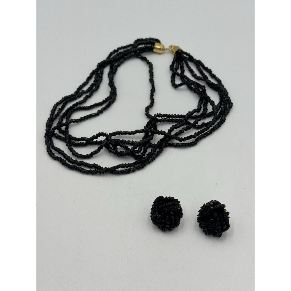 VTG  Black Bead Necklace and Clip On Earrings Set Double Strands‎ Classic